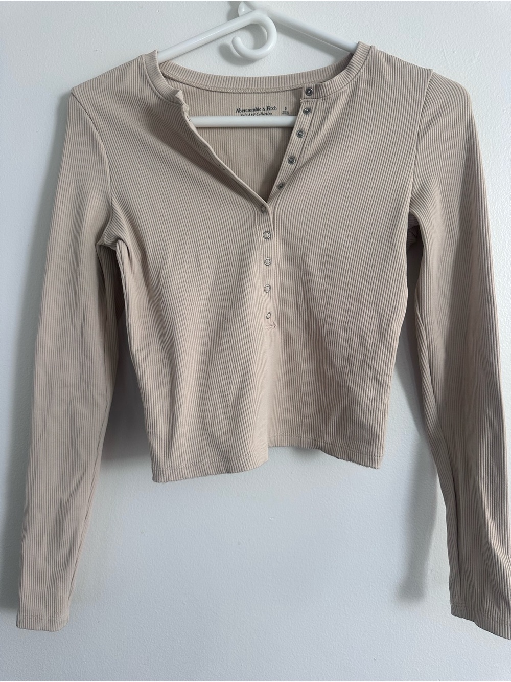 Abercrombie & Fitch Beige Ribbed Long Sleeve Henley Top